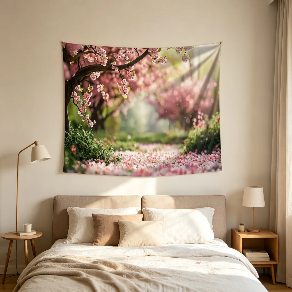 1PC Cherry Blossom Print Backdrop Banner, Bedroom Living Room Photo Background, Polyester Wall Hanging, Home Decor, Wall Art