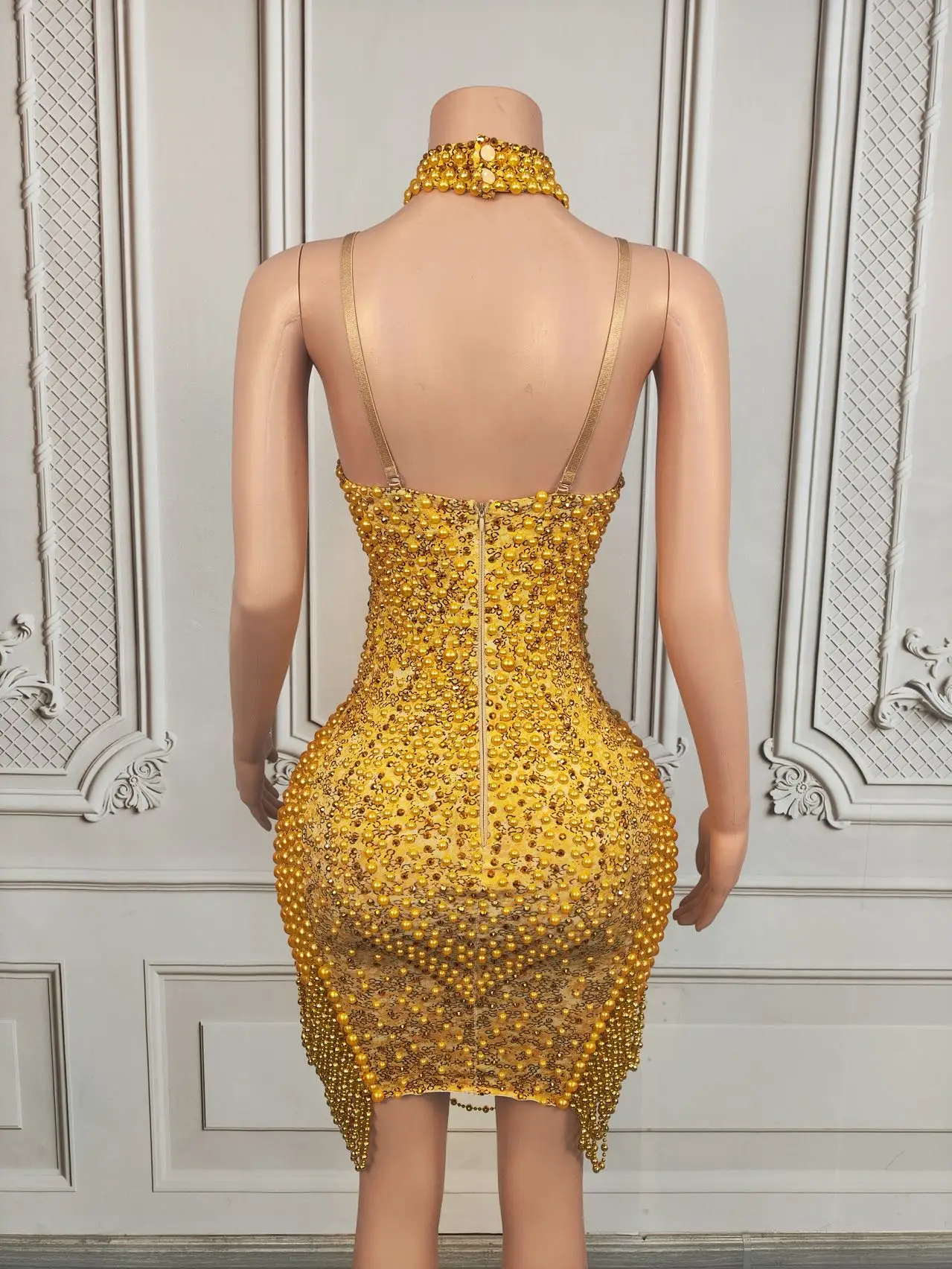 Jinshanshan سباركلي اللؤلؤ قبالة الكتف فستان قصير زلة المرأة حفلة احتفال فستان سهرة حفلة موسيقية فاخرة زي تبادل لاطلاق النار الصورة ارتداء