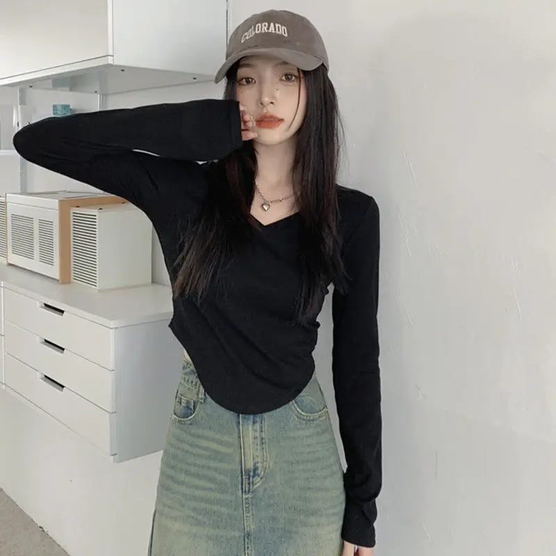 Careful Clavicle V-neck Long-sleeved T-shirt Bottoming Shirt for Women Autumn Winter Korean Style Slim-fitting Short T-shirt Top