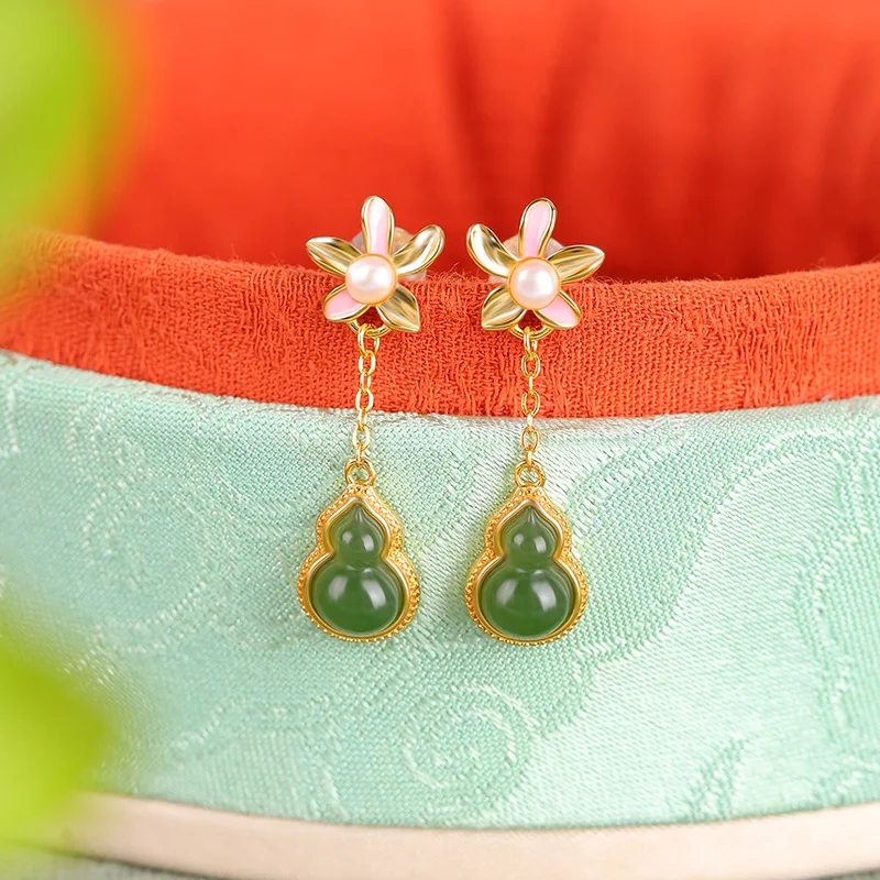 Natural Hetian S925 Sterling Jade Gourd Flower Earrings Silver Jewelry