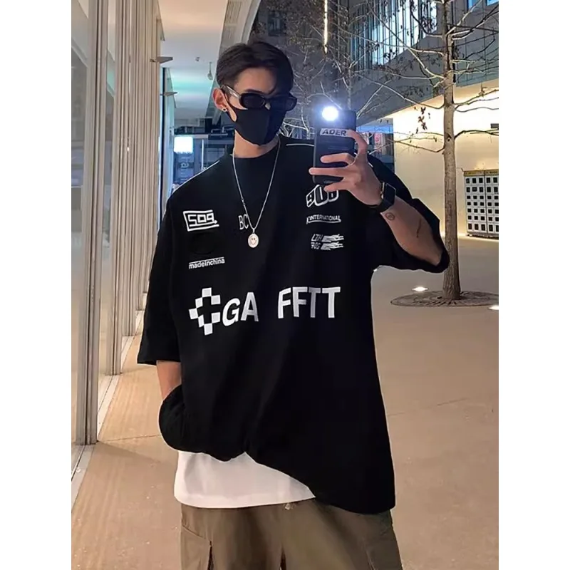 

Гоночная футболка с коротким рукавом, мужская летняя новая американская трендовая мотоциклетная футболка, свободный хип-хоп, красивый модный быстросохнущий топ