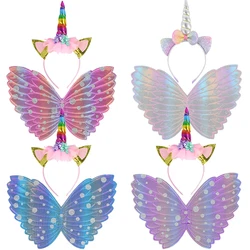 1Set Girls Birthday Party Unicorn Cosplay Wings Hairband Cartoon Rainbow Unicorn Theme Party Little Girls Birthday Headband