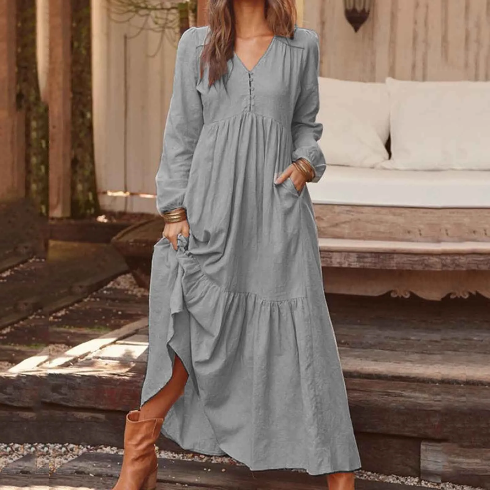 

Spring Autumn Women Dresses Boho Button Cotton Womens Casual V Neck A Line Long Dress Casual Long Sleeve Dress vestido de mujer