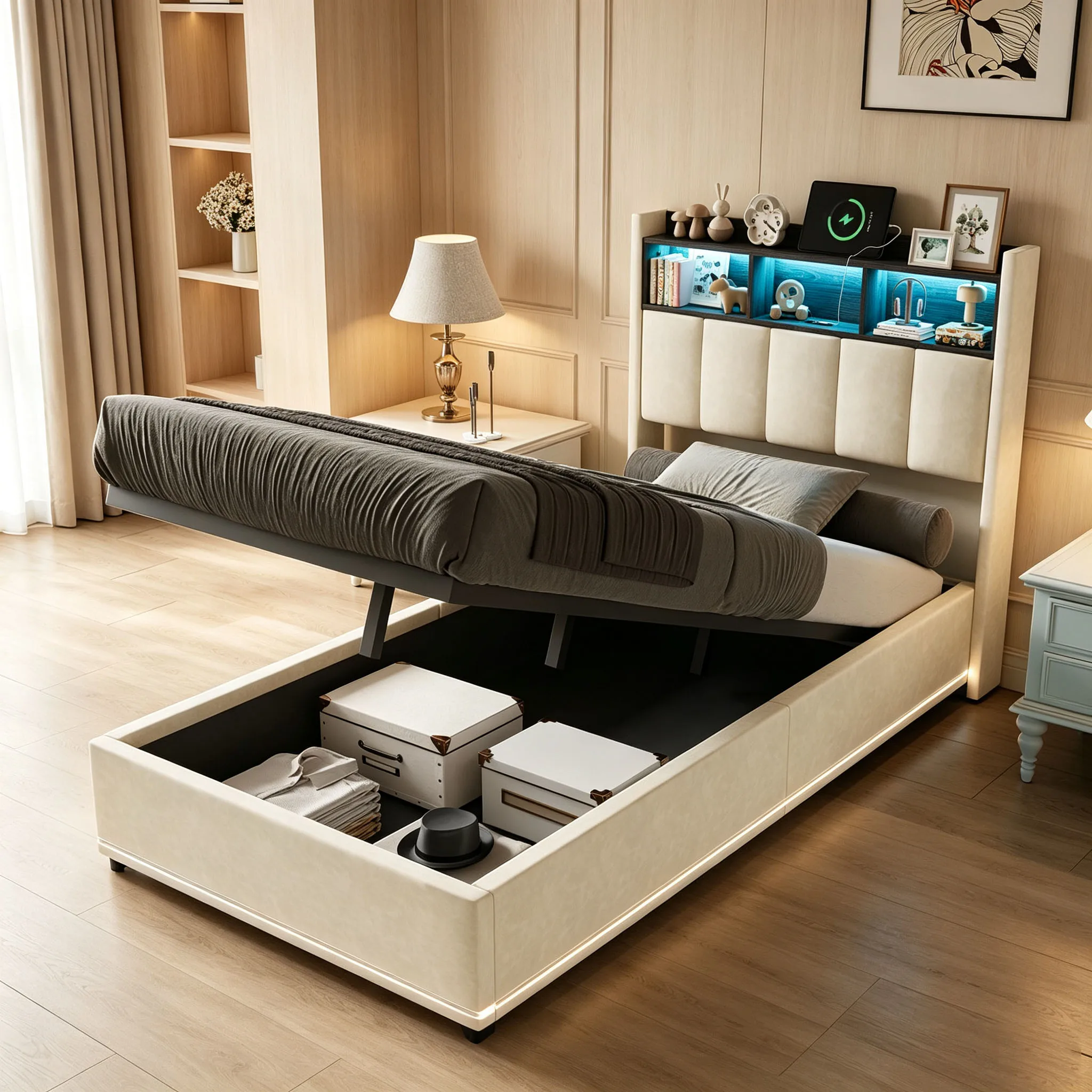 Superaly, letto singolo 90x200 cm, struttura letto con contenitore a scomparsa rivestita in velluto, letto con piattaforma color beige e testiera con contenitore, letto con contenitore a scomparsa