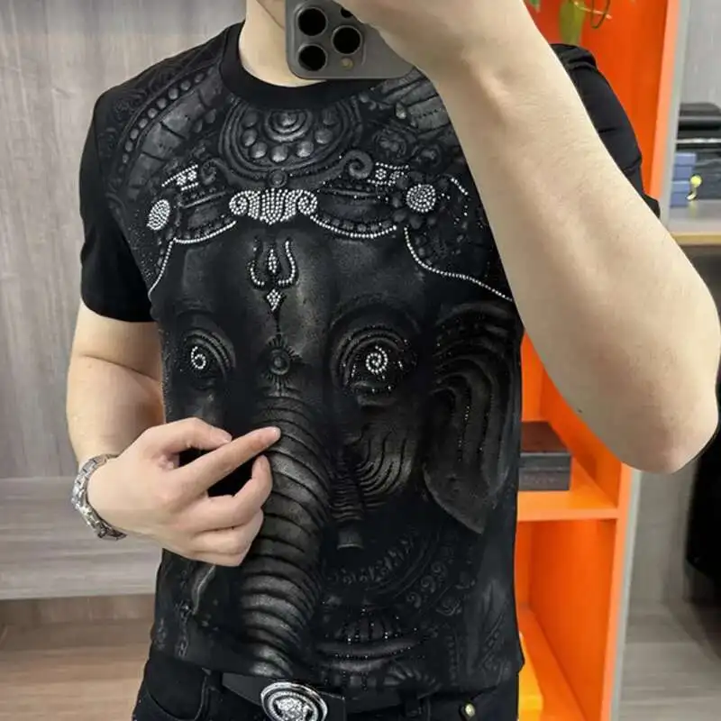 Elephant Print Men's Summer Round Neck Short Sleeve T-shirt Hot Diamond Versatile Slim European Luxury Short Sleeved T-shirt