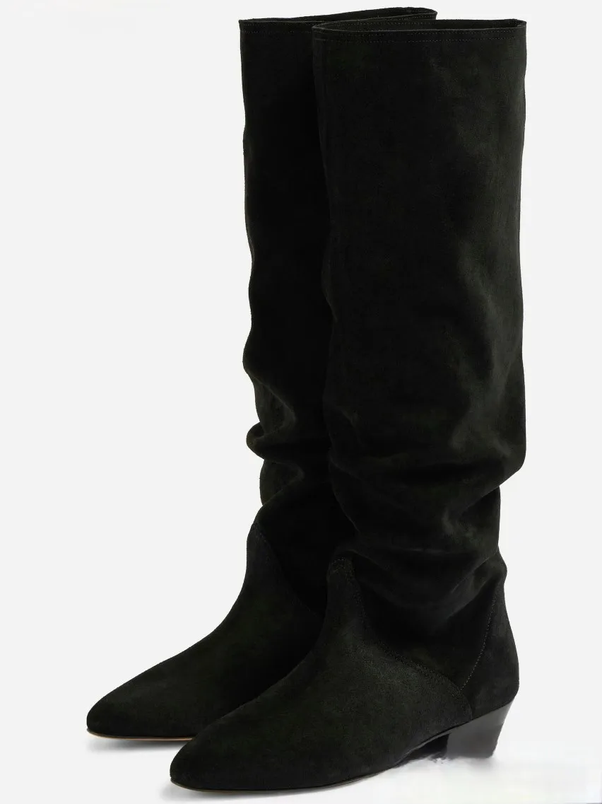 2025 Designer New Women's Cowgirl Boots Pointed Toe Chunky Heel Elevated Suede Stacked Pleated Vintage Ladies Knee-High Bootines