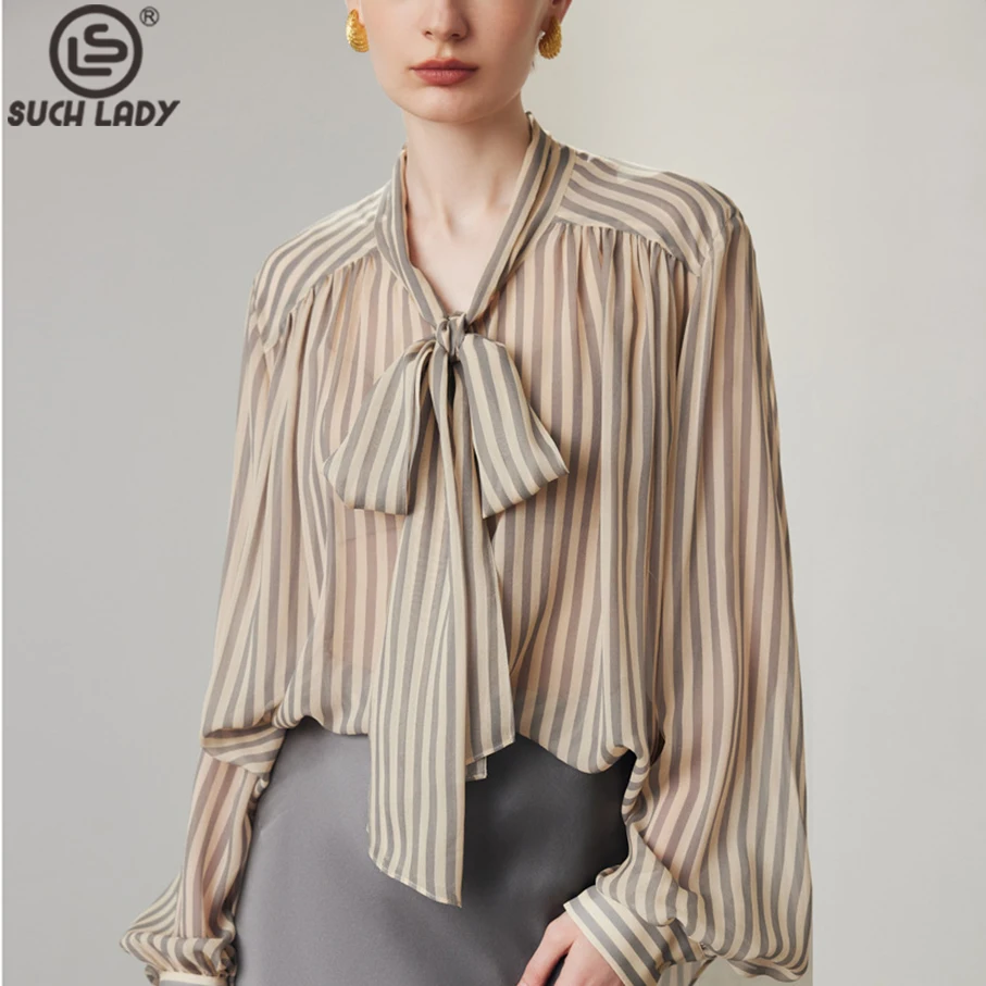 

100% Real Natural Silk Women's Shirt Lace Up Bow Striped Printed Elegant Fashion Blouse Tops