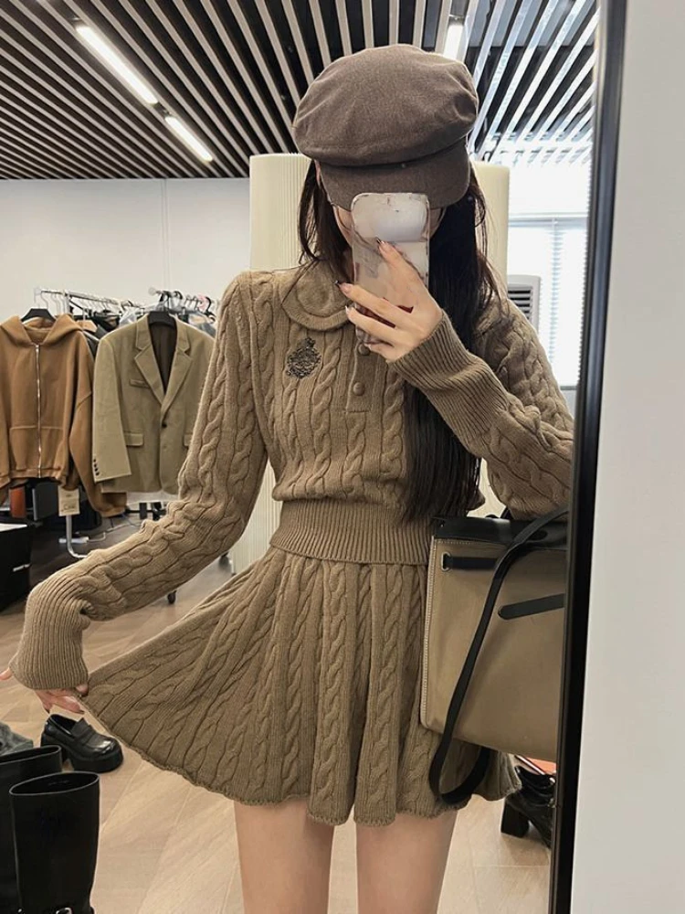 2023 Autumn Preppy Style Knitted Clothing Suit Woman Slim Kawaii Swearter Tops Casual Y2k Mini Skirt Woman Fashion 2 Piece Set