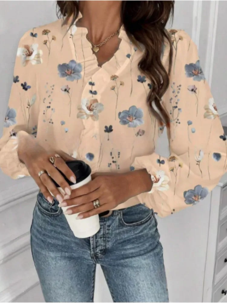 Frauen Druck Hemd Mode Rüschen V-ausschnitt Langarm Pullover Shirts Tops Für Weibliche Casual Urlaub Boho frauen Kleidung frühling