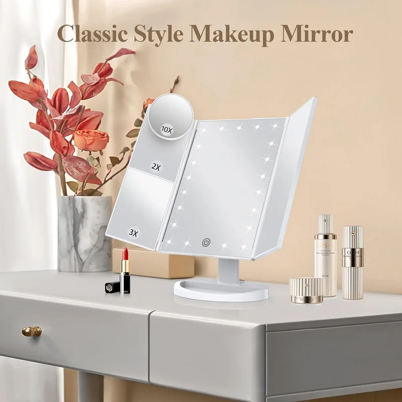 

A foldable portable 22-brightness luminous travel 2x 3x magnifying dressing table and makeup mirror with LED light