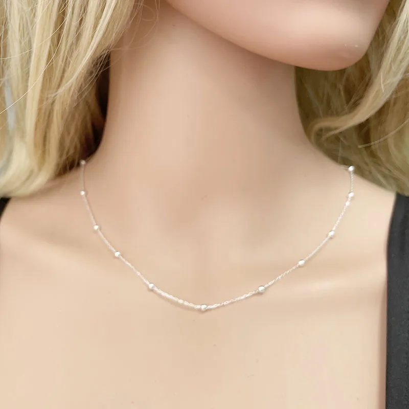 Women's Solid Pure Real 925 Sterling Silver Beads Cross Chain Necklace