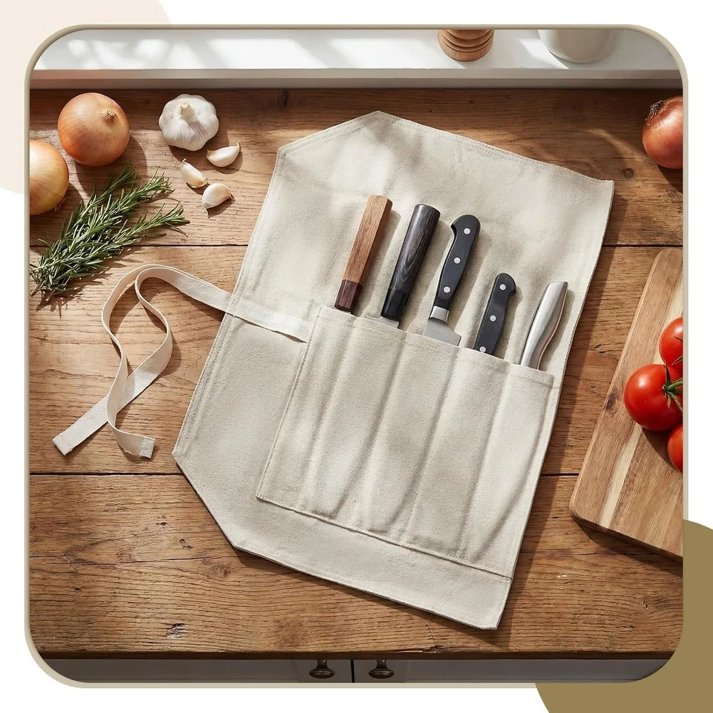 Canvas Cutting Roll for Culinary Professionals with 5 Individual Slots 9.5 Inch Depth and Tie Straps for Closure
