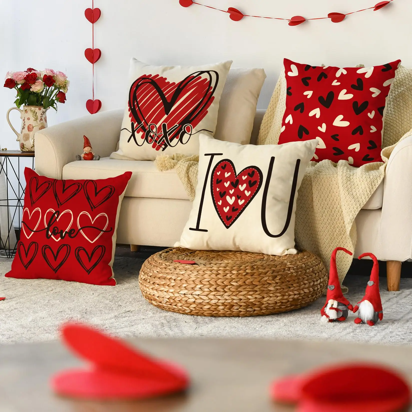 2 Pcs I Love You XOXO Valentine's Day Heart Pillow Cover | Romantic Wedding Cushion Case, Double-Sided Flat Printing Sofa Decor