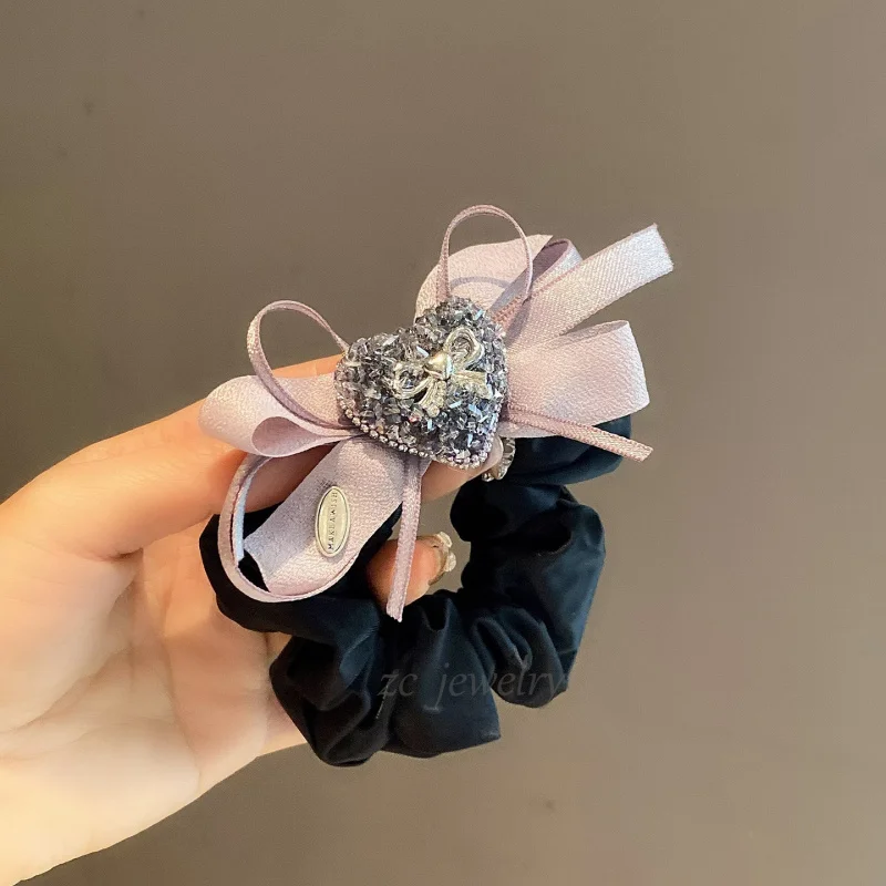 

High-end Heavy-duty Rhinestone Heart Bow Hair Tie Internet Celebrity Hair Rope Large Intestine Hair Tie Elastic Band High Elasti