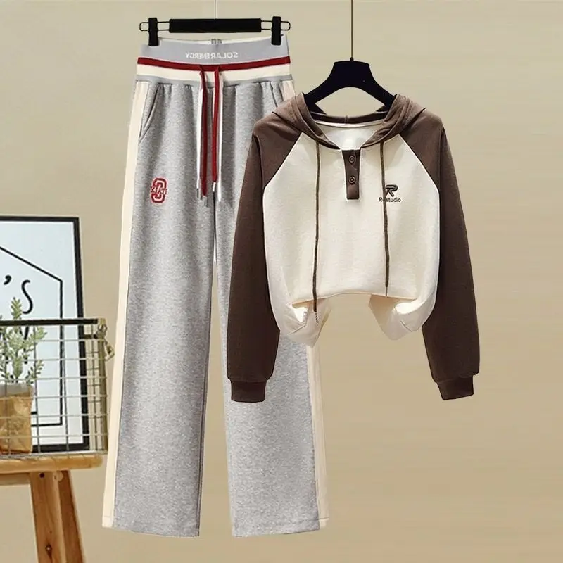 Spring and Autumn New Korean Edition Hooded Contrast Color Long Sleeved Top Spliced Fashion Sports Casual Pants Two Piece Set