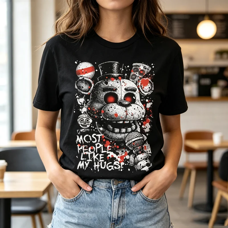 FNAF Scary Bear Hugs Graphic T Shirt for Game Fans Five Nights At Freddys Casual Streetwear Cotton Short Sleeve Cotton  Harajuku