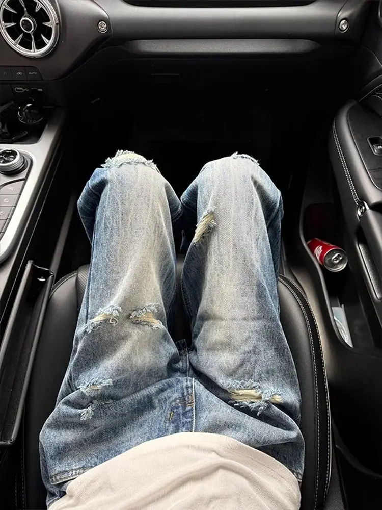 กางเกงยีนส์เดนิมทรงขาบานสไตล์เรโทรอเมริกันลายสายฟ้า สำหรับผู้ชายและผู้หญิง  แบบลำลองสำหรับคู่รัก