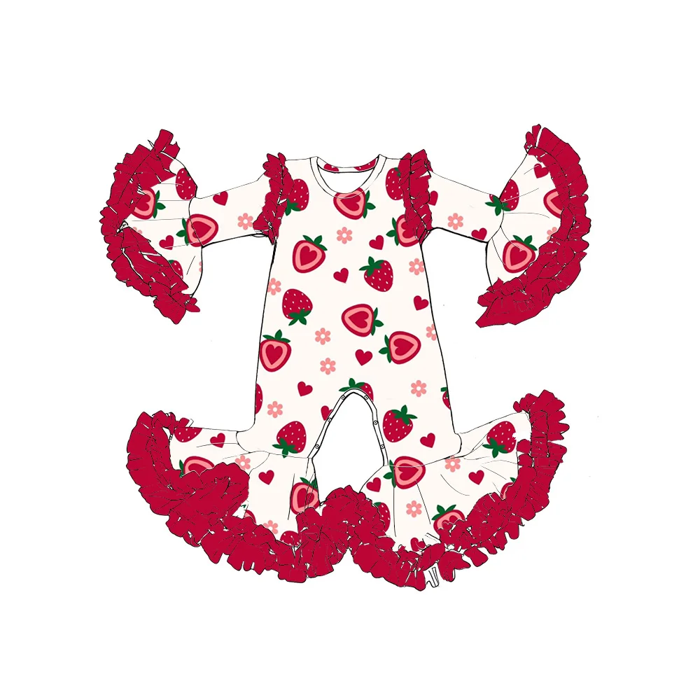 

Children's Valentine's Day themed long-sleeved lace romper suitable for toddlers featuring fruit heart patterns milk silk fabric