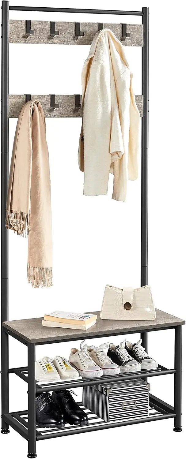 

Coat Rack, Hall Tree with Shoe Bench, Entryway Shoe Storage with Coat Rack Stand, 9 Movable Hooks, Industrial Entryway Furniture