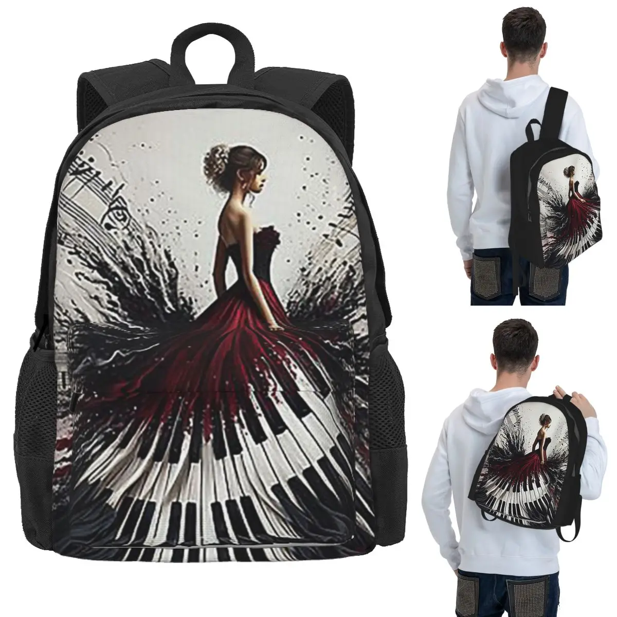 Beautiful Lady Piano Musical Notes, Wavy Dress Student Backpack School Bag Hiking Travel Daypack Men Women Bookbag Shoulder Bags