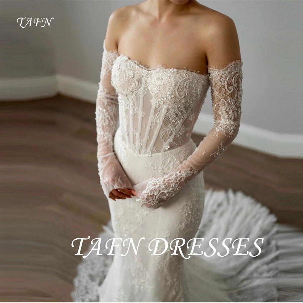 TAFN Elegant Mermaid Lace Wedding Dresses Long Sleeves Off Shoulder Pearls Sweep Train Bridal Gowns Robe de mariage Customized