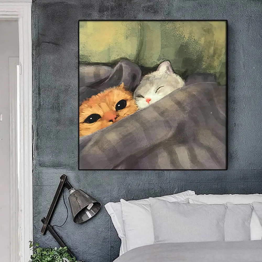 Two Cute Cats Sleep Together Print Wall Art Home Room Decor Animal Bedroom Canvas Painting Poster Valentines Day Gift Cat Lover