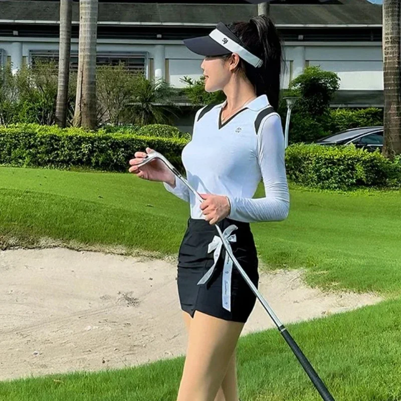 2024SG Golf Women\'s Clothing Set Outdoor V-neck Ice Silk Long-sleeved Top Slim Fit Skirt with Ribbon Female Golf Wear Suit