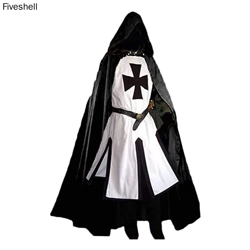 Męskie średniowieczne krzyżowiec rycerze templariusze tunika kostiumy renesansowy Halloween surcoat wojownik czarny płaszcz zarazki Cosplay Top S-3XL