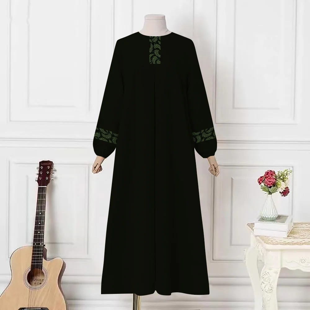 Women Muslim Abaya Dress Green Leaf Printing O-Neck Long Sleeve Maxi Turkish Abaya Robe Fashion Elegant Party Oversized Vestidos