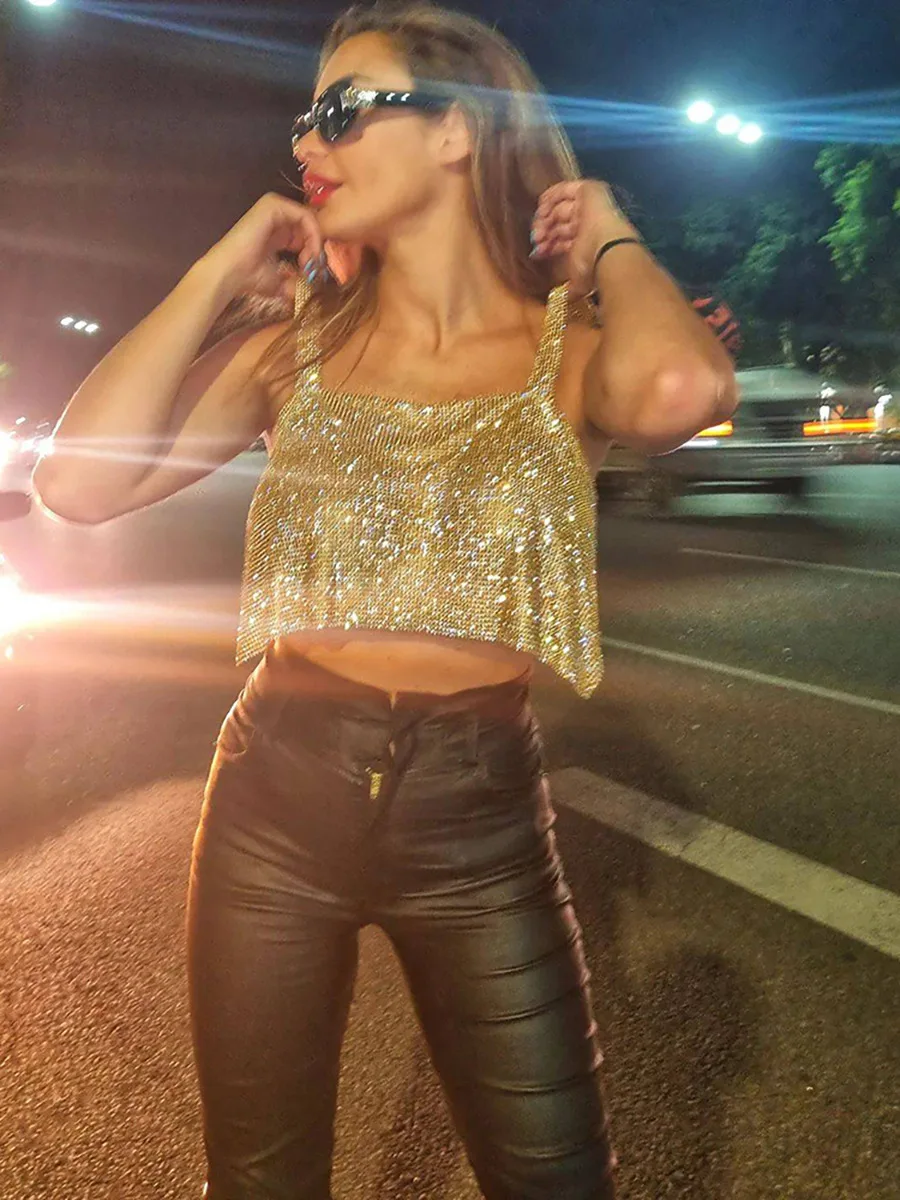 Metal Chain Halter Draped Bra Crop Top For Women Sparkling Rhinestone Glitter Tank Top for Club Party Women Clothes