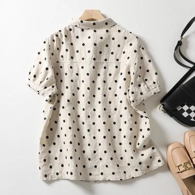 plus Size Polka Dot Short Sleeve Shirt Women's Loose Outerwear Spring Summer Floral Print Casual Commute Style Button Closure