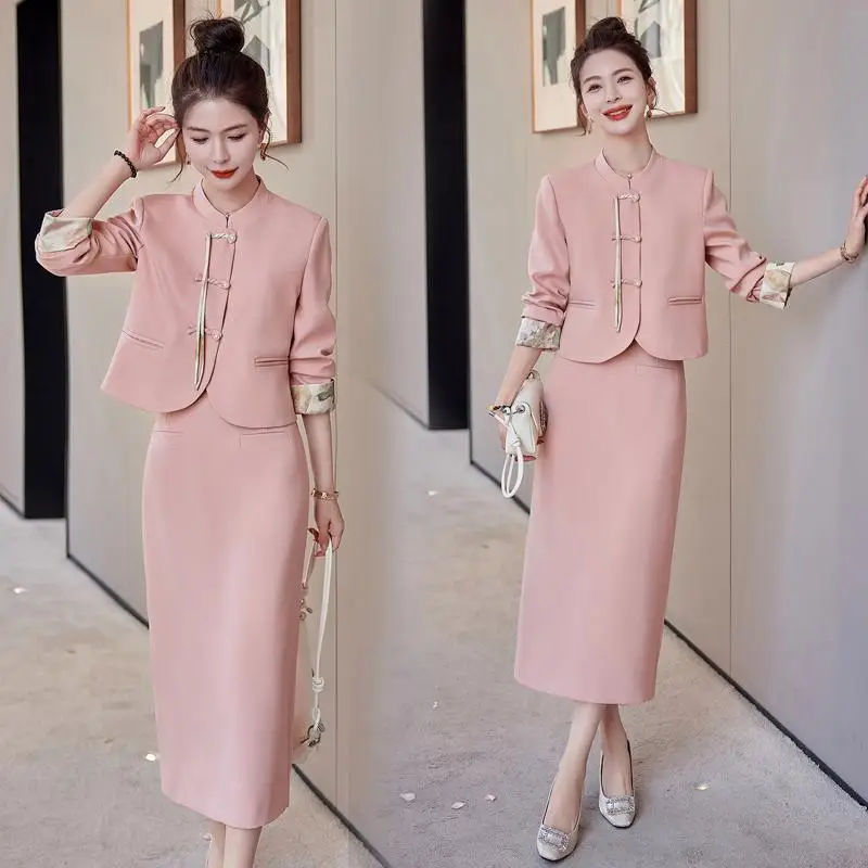 

New Chinese Style National Women's Suit 2024 Spring and Autumn Elegant Buckle Short Jacket Top Mid-length Skirt Two-piece Set