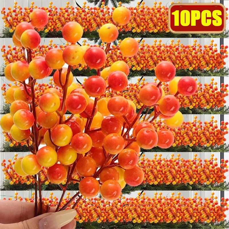 5/10 قطعة التوت الاصطناعي ينبع Oange الذهب والفضة محاكاة عيد الميلاد هولي بيري إكليل شجرة عيد الميلاد حفلة المنزل الجدول حلية