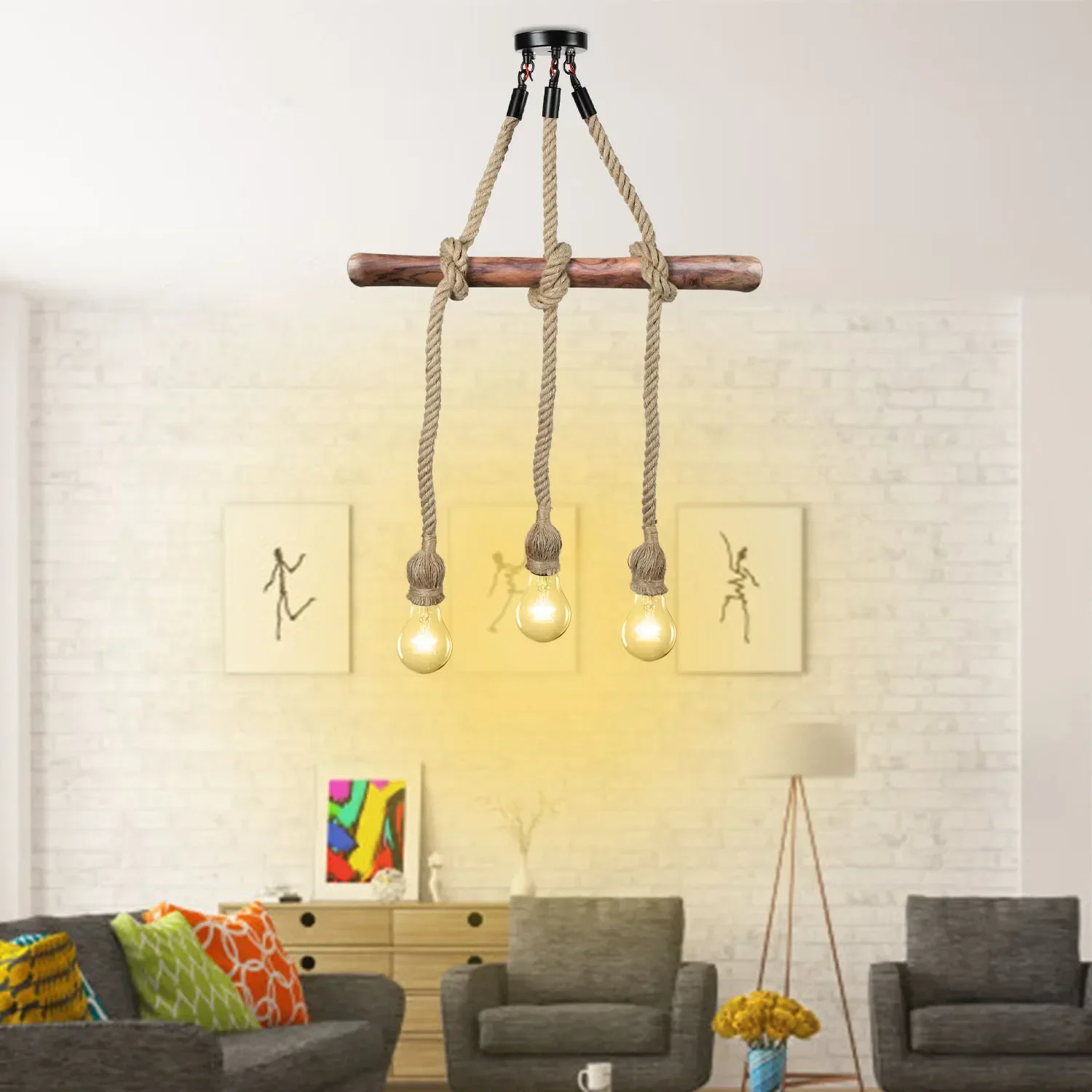 1M żyrandol w stylu industrialnym E27 3 głowica LED Retro liny konopne lampa sufitowa bez żarówki do salonu akcesoria kuchenne