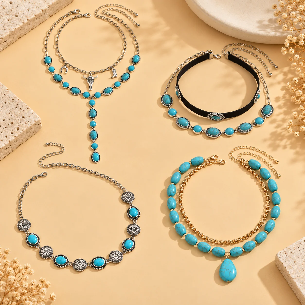 Boho Turquoise Beaded Necklace Set for Women Western Vintage Multi Layer Cow Skull Pendant Choker Jewelry Party Gift