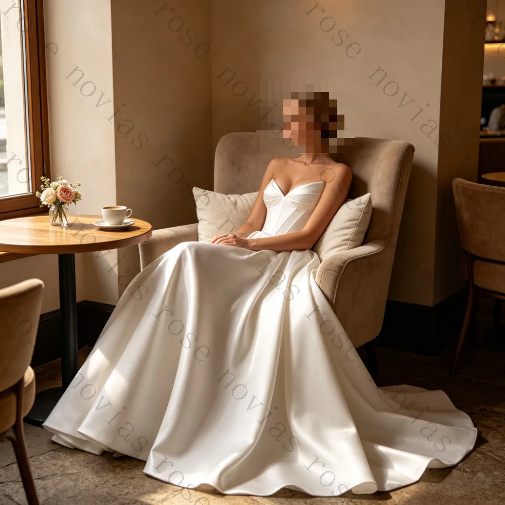 Customized Sweetheart Corset Satin A Line Wedding Dress Pleated Bodice Long Train Elopement Bridal Gown Custom Bride Dress