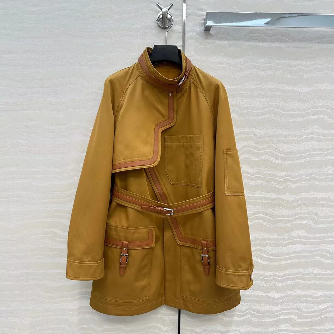 2025 New Autumn Sheepskin Leather Belt Spliced Trench Coat Women Turtleneck Long Sleeve Loose Elegant Long Straight Coat