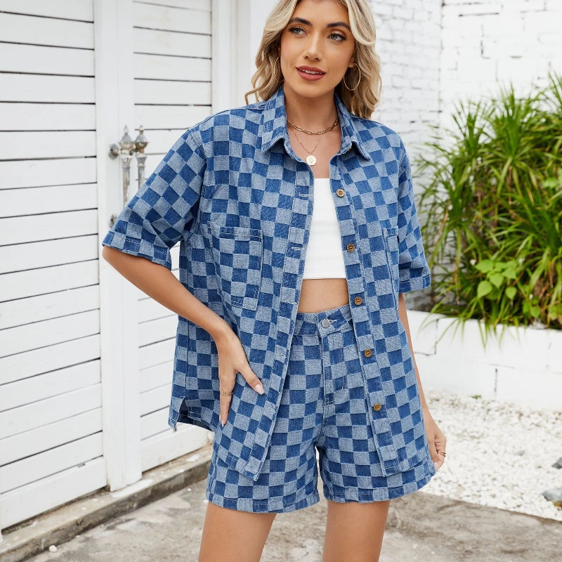 

Shorts Set Women Pant Set Two Piece Sets Denim Short Sleeve Tops High Waist Y2k Streetwear Elegant Work Plaid Pants Summer