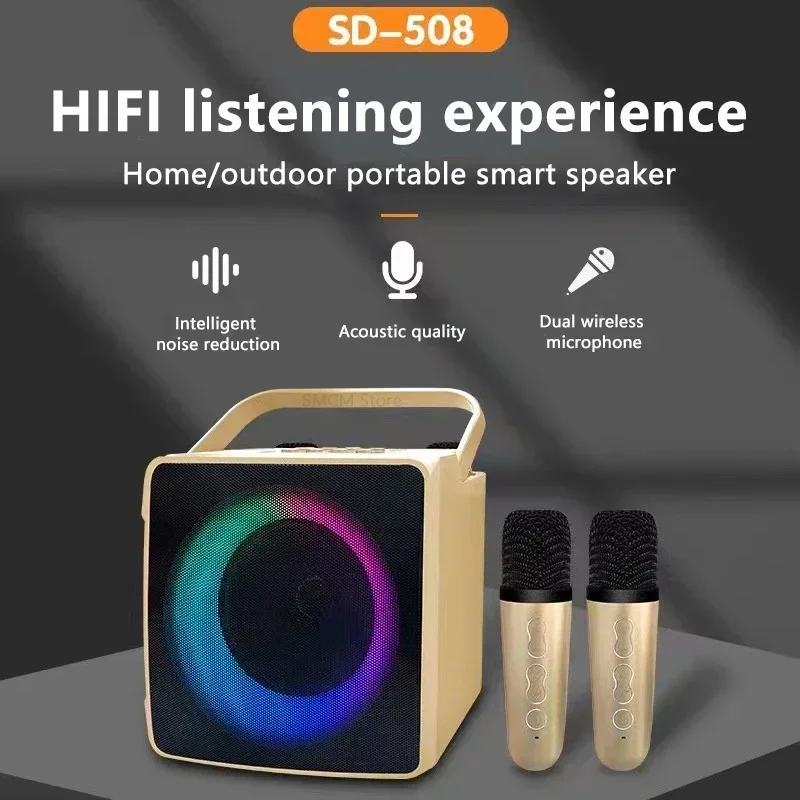 Dual Microphone Karaoke Machine with RGB LED Light Bluetooth-compatible Speaker 10W HIFI Player with 2 Wireless Microphones