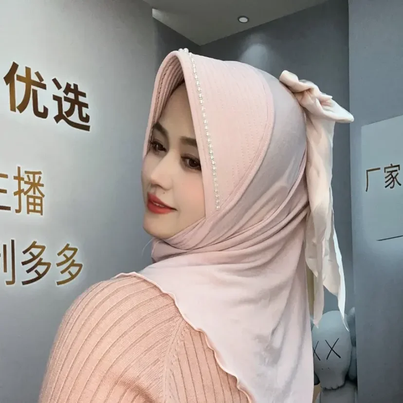 Muslim Sweet Cute Girls Big Bow Pearl Sponge Hat Hijab