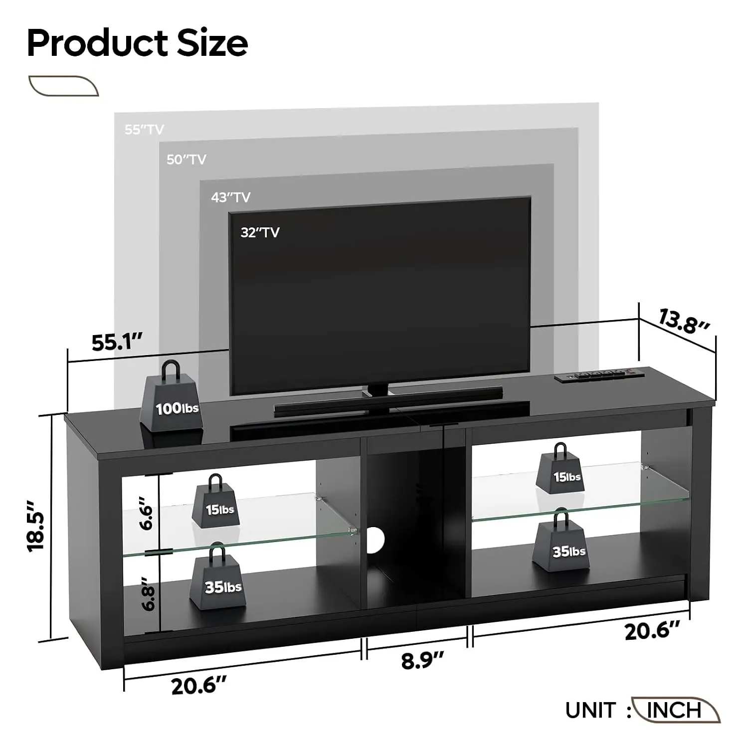 LED TV Stand For 55/60/65 Inch TV, Black High Gloss Entertainment Center With Power Outlet & Adjustable Shelves,, Customized
