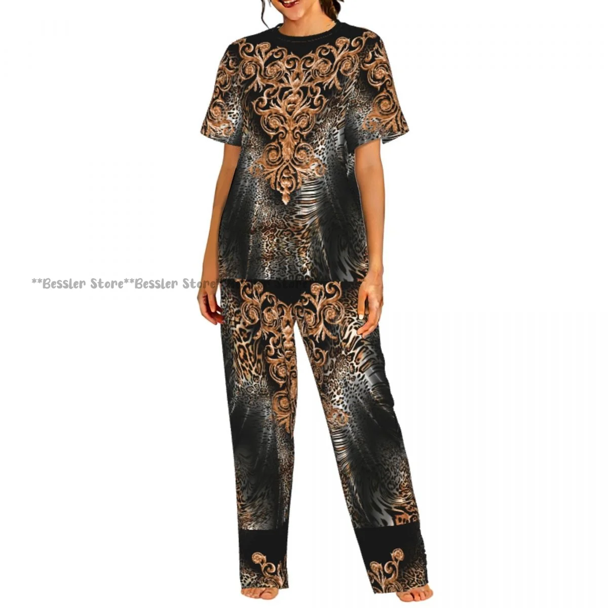 

Женский комфортный комплект пижамы с коротким рукавом и леопардовым принтом в стиле барокко