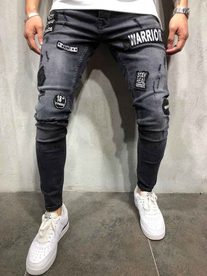 

Mens Badge Patchwork Hole Skinny Vintage Jeans Fashion Ripped Slim Denim Pants For Men 2024Autumn New Male Hip Hop Jean Trousers