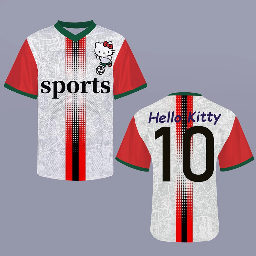 

Classic American Football Jersey V-neck T-shirt for Summer Sports Training Breathable Short Sleeved Top Hello Kitty Print