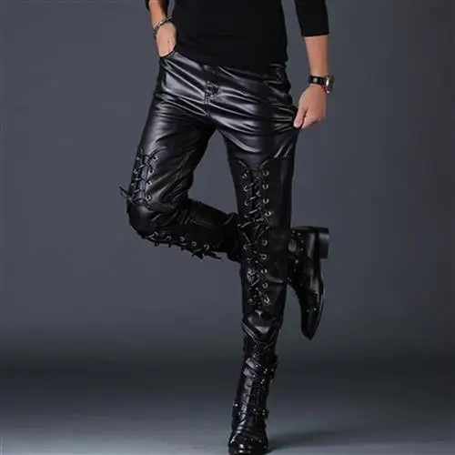 

2024 Men's Fashion Slim Fit Skinny Biker Pu Leather Pants