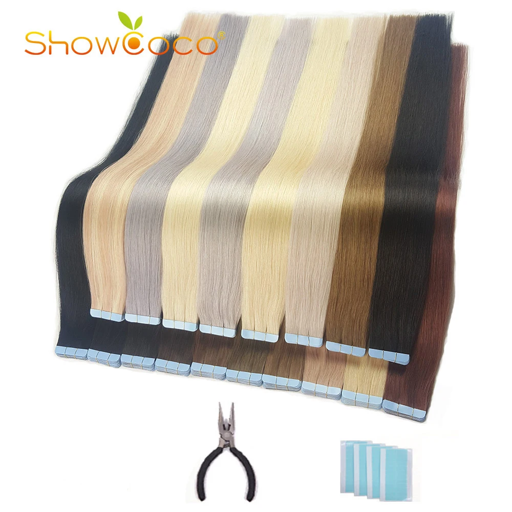 Showcoco Tape in Human Hair Extension Natural Human Hair Straight 100% Remy Hair 16-24 Inch Adhensive Extension 20/40pcs