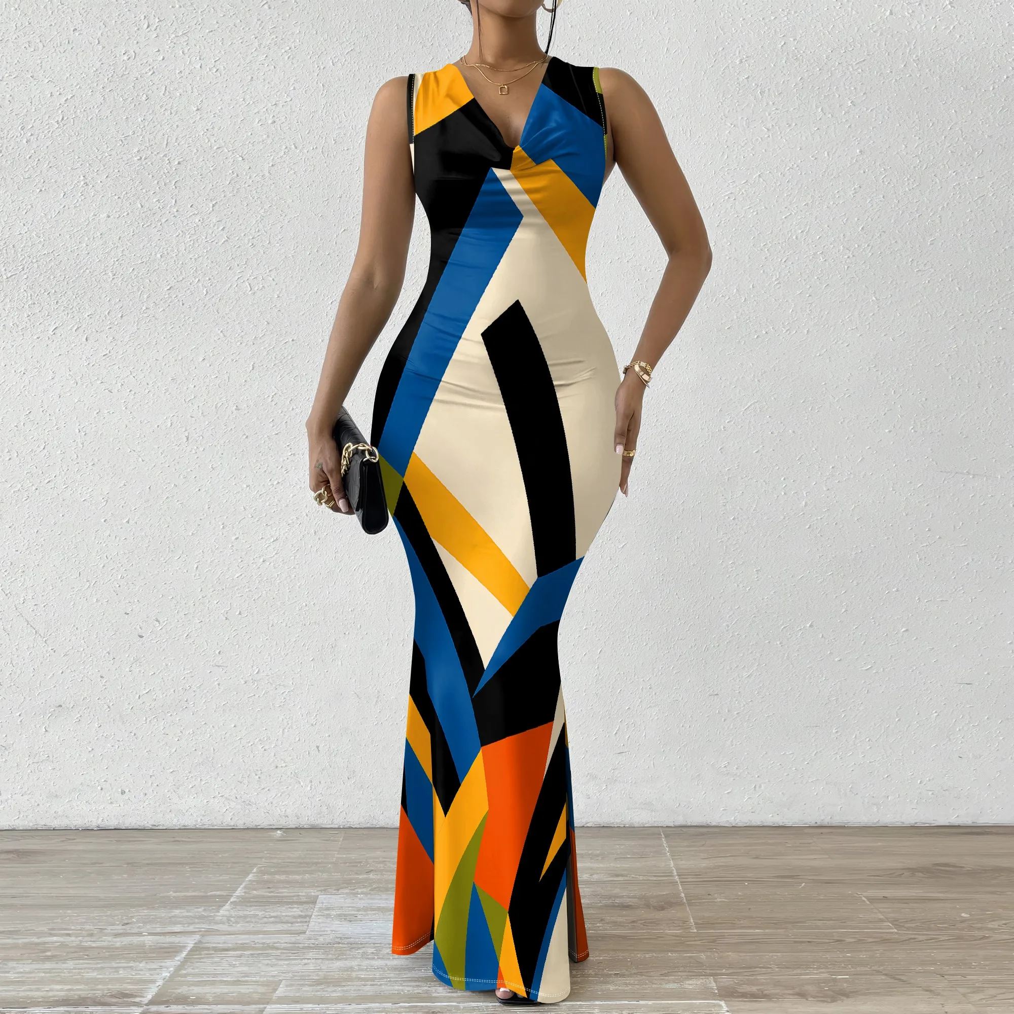 

Geometric Print V-Neck Maxi Dress Women's 2025 New Arrival XS-2XL Casual Party Dress