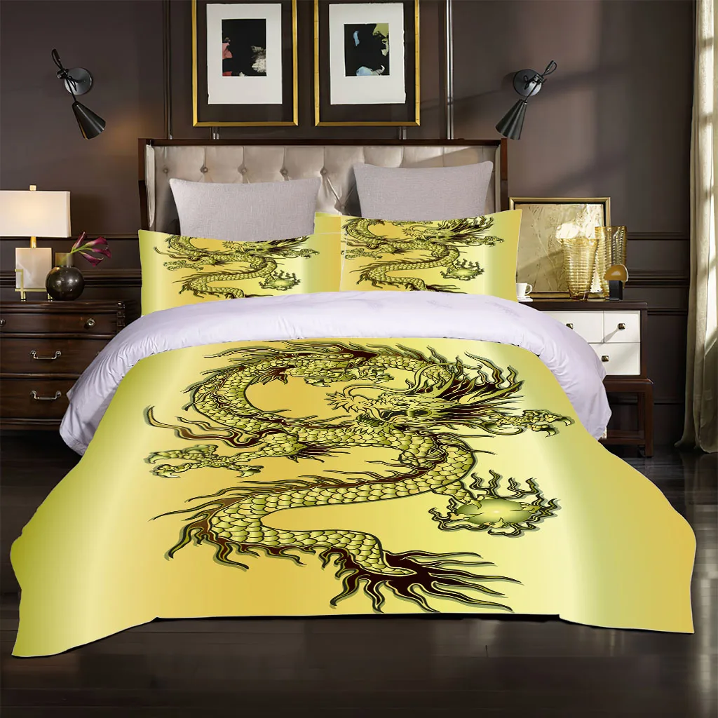 HUANZHUANG Children Duvet Cover Set Yellow Dragon Totem Quilt Cover 3Pcs King Full Size Bedding Pillow Case Bedding Linen Polyes