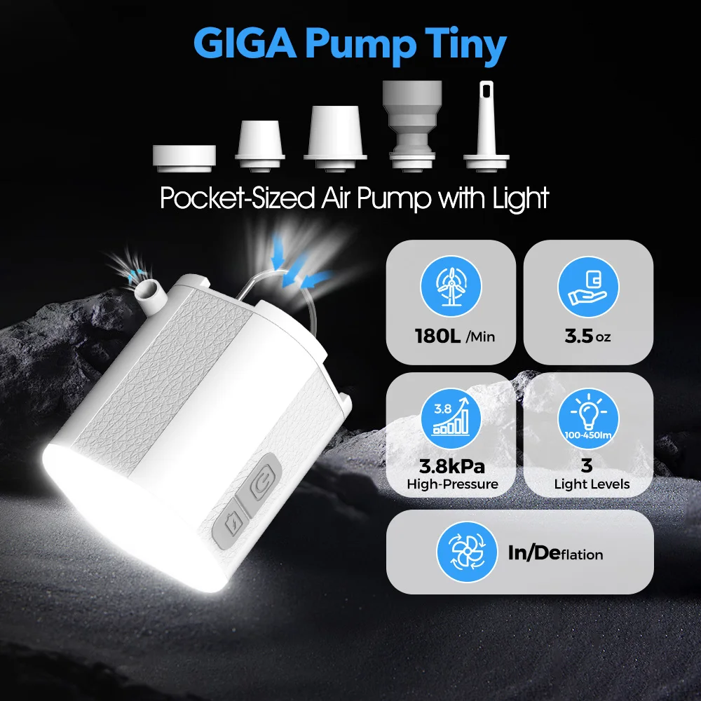 Aerogogo GIGA PUMP TINY - Ultra-lightweight Mini Air Pump for Camping, Portable with Flashlight, for Mattresses, Pillows, Pads