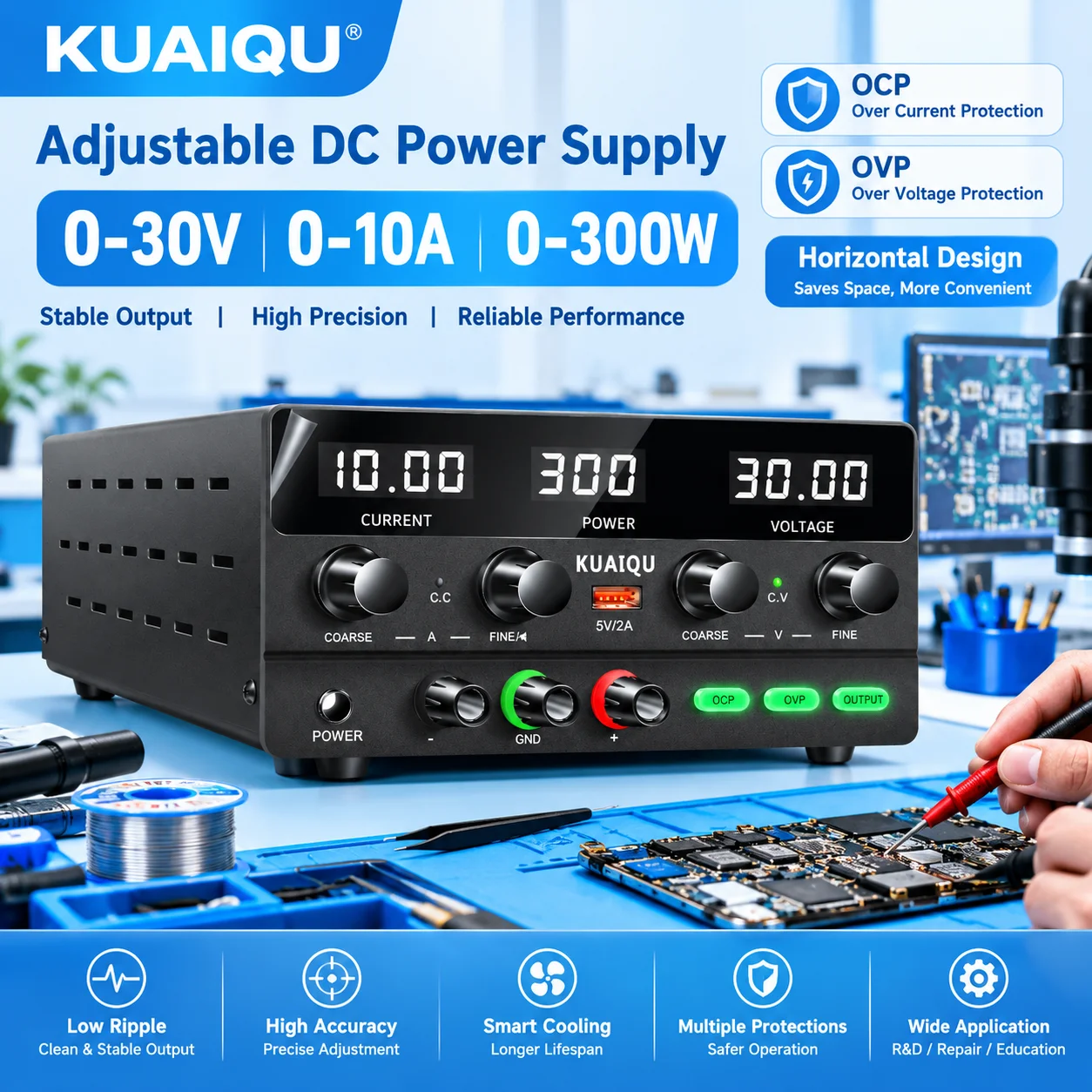 KUAIQU Einstellbares DC-Netzteil 30V 10A Labor-Stromversorgung 300W Spannungsregler Stabilisator 60V 5A Schaltnetzteil